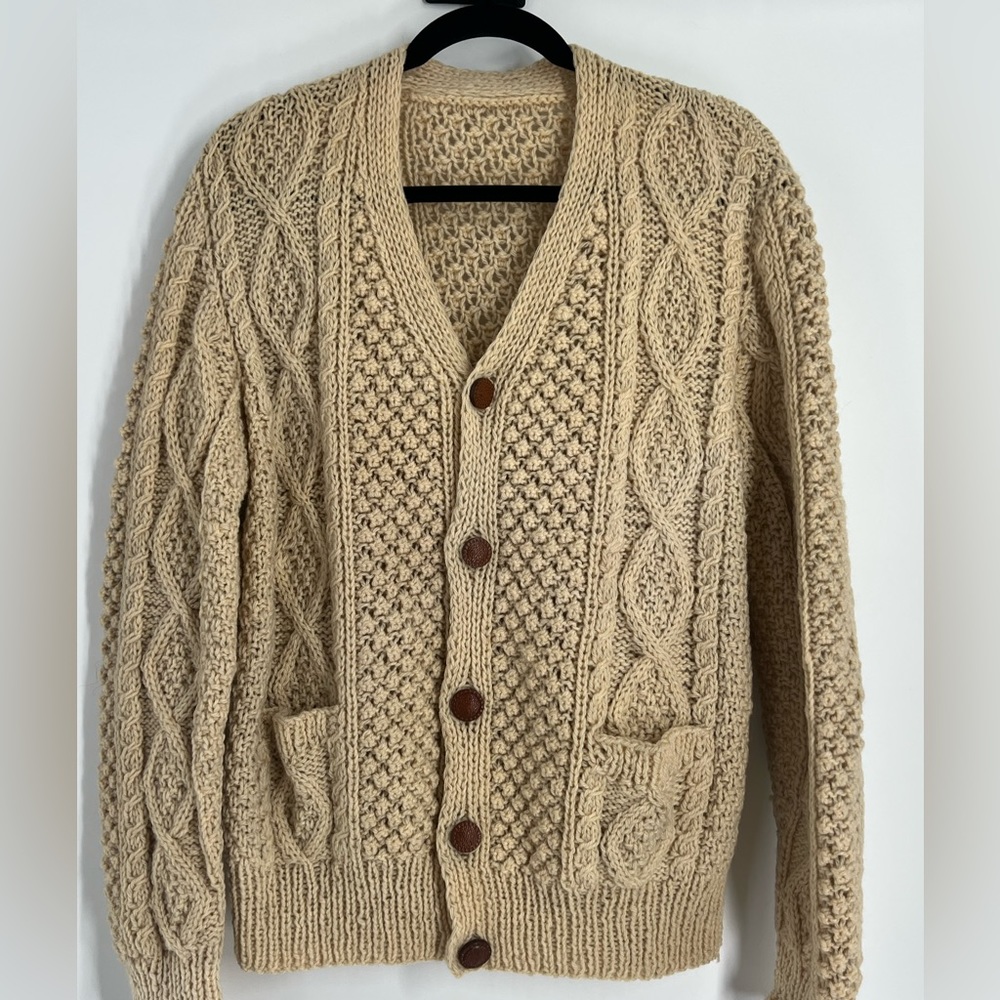 Vintage Fisherman’s Chunky Cable Aran Knit Cardigan Sweater Beige Tan Color S/M